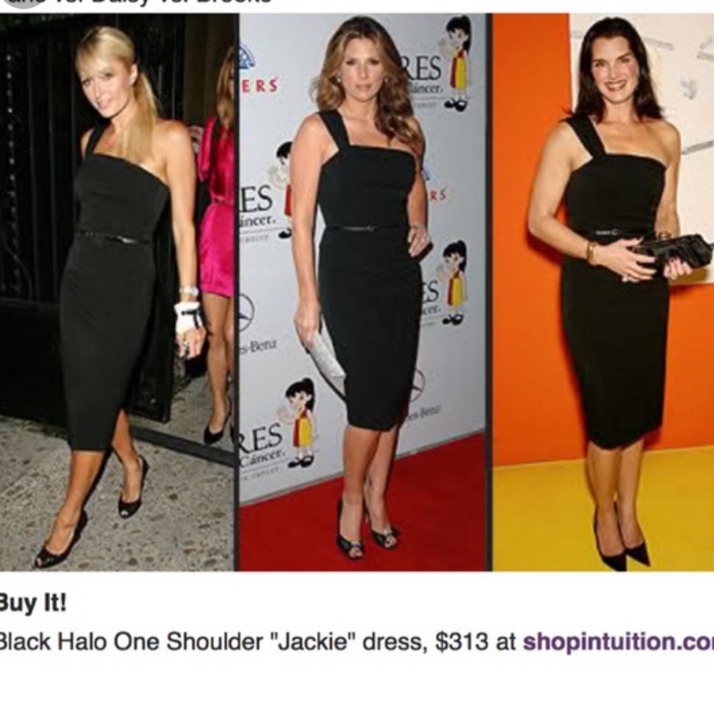 Black Halo one shoulder belted dress